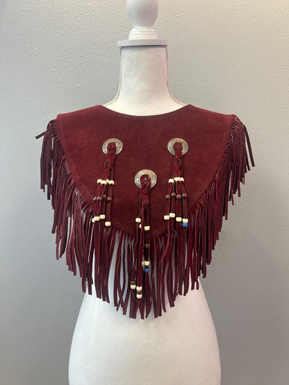 steer brand os Red gen. suede leather fringe poncho w/ metal concho embellishments