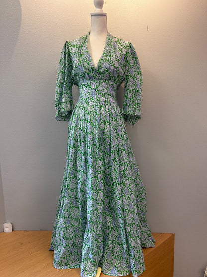 Thierry Colson M Blue /green floral LS maxi w/ belt NWT