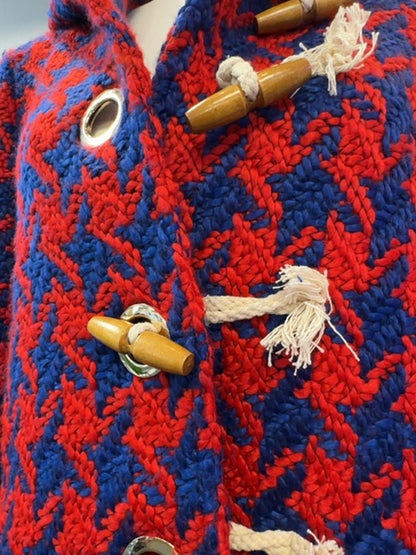 Judith March S Red /purple houndstooth jacket w/ belt/tassel buttons