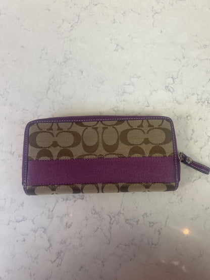 Coach  Tan /purple CC trifold zip wallet