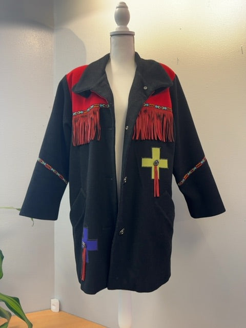Mary Lou Ozbolt Storer S Black /red 100% wool jacket w/ fringe/embroidery