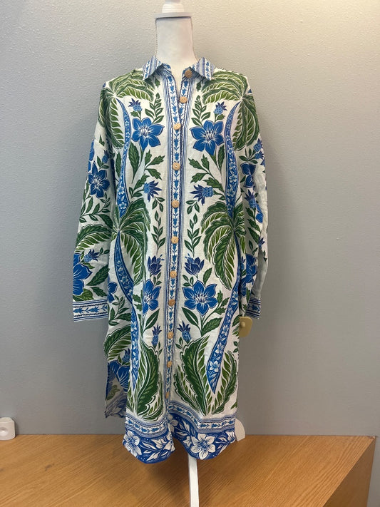 Farm Rio L White /blue/green floral LS bttn up tunic NWT