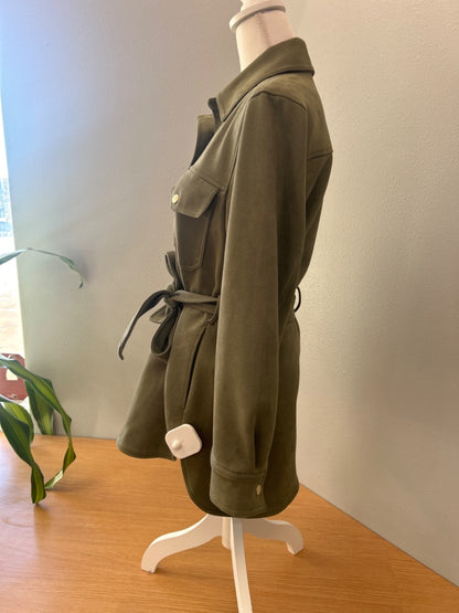 Loft S Green faux suede LS longer hem w/ gold buttons
