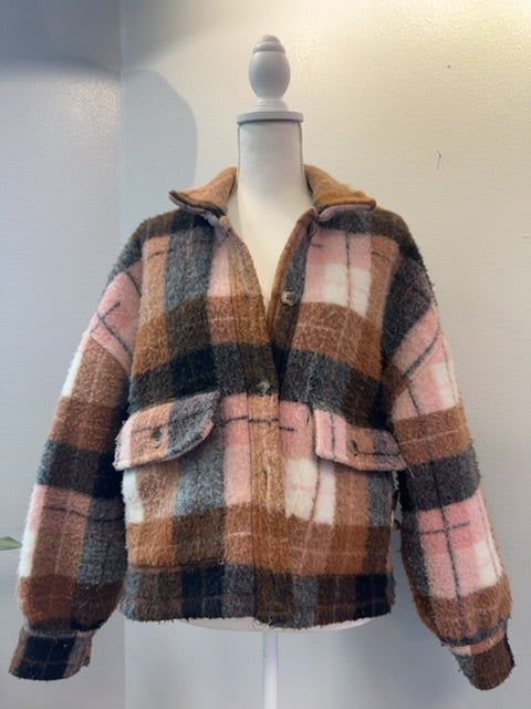 saltwater LUXE M Pink/Brown Fuzzy Plaid Cropped