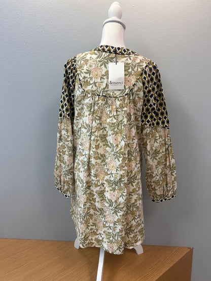 &merci M Cream/Green NWT LS Mixed print w/tie neck