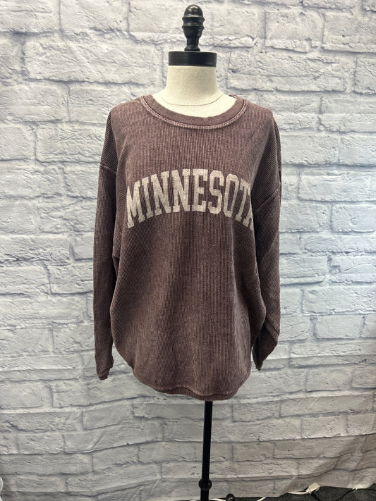 Oat Collective M Brown ribbed LS crewneck w/ "MN" graphic